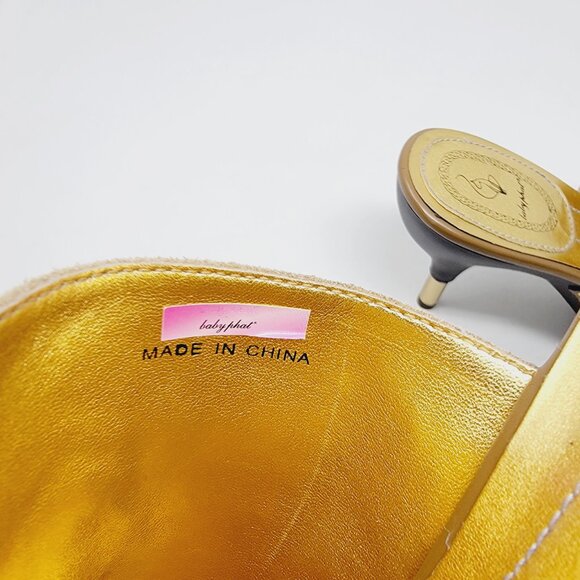 Baby Phat Tan Suede Mule Heels Gold Logo Buckle Rhinestone Studded Shoes sz 9 - Picture 6 of 7